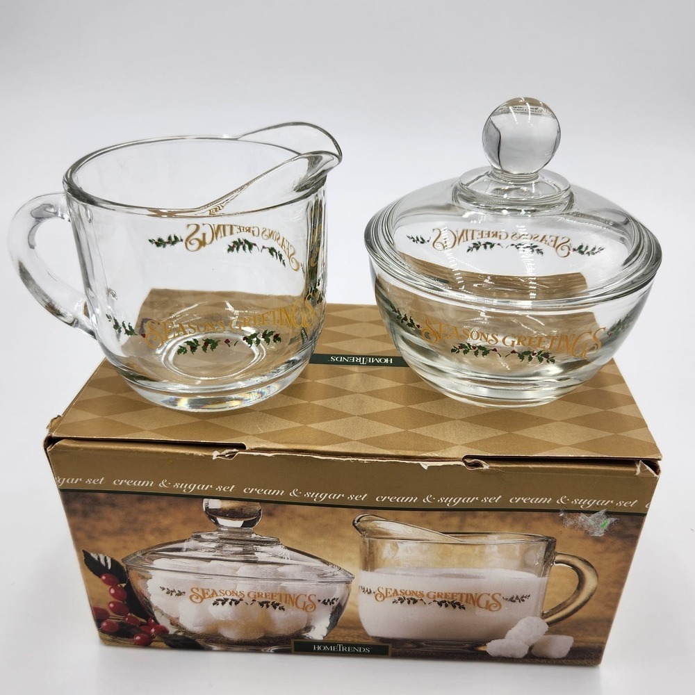 VTG Hometrends Anchor Hocking Glass Sugar & Cream Set Season Greetings Deadstock